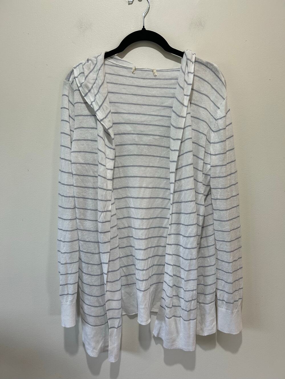 Linen blend hooded cardigan womens M white blue striped light open front breton